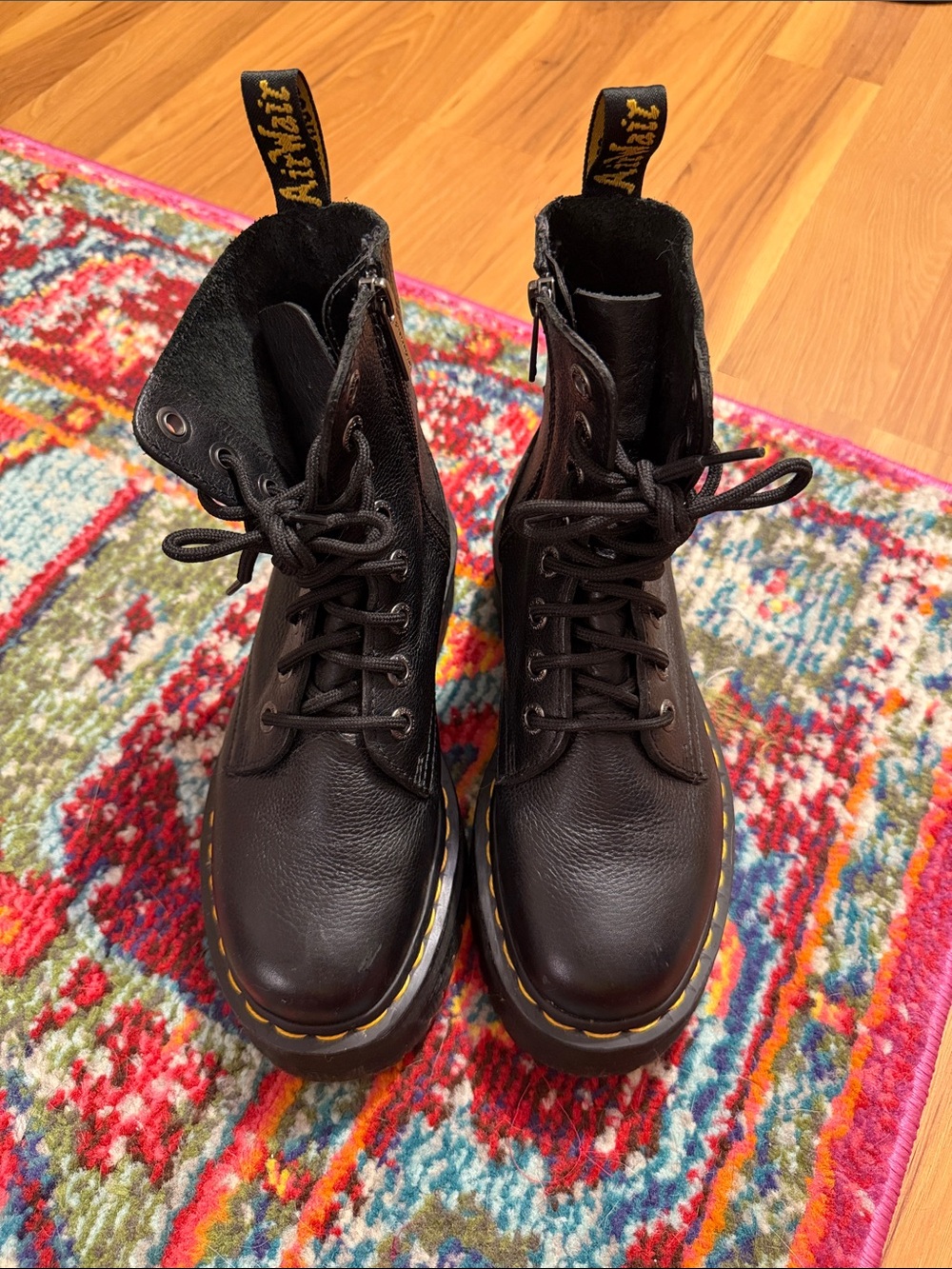 Dr. Martens Black Leather Platform Lace-Up Boots with Yellow Stitching - Picture 2 of 7